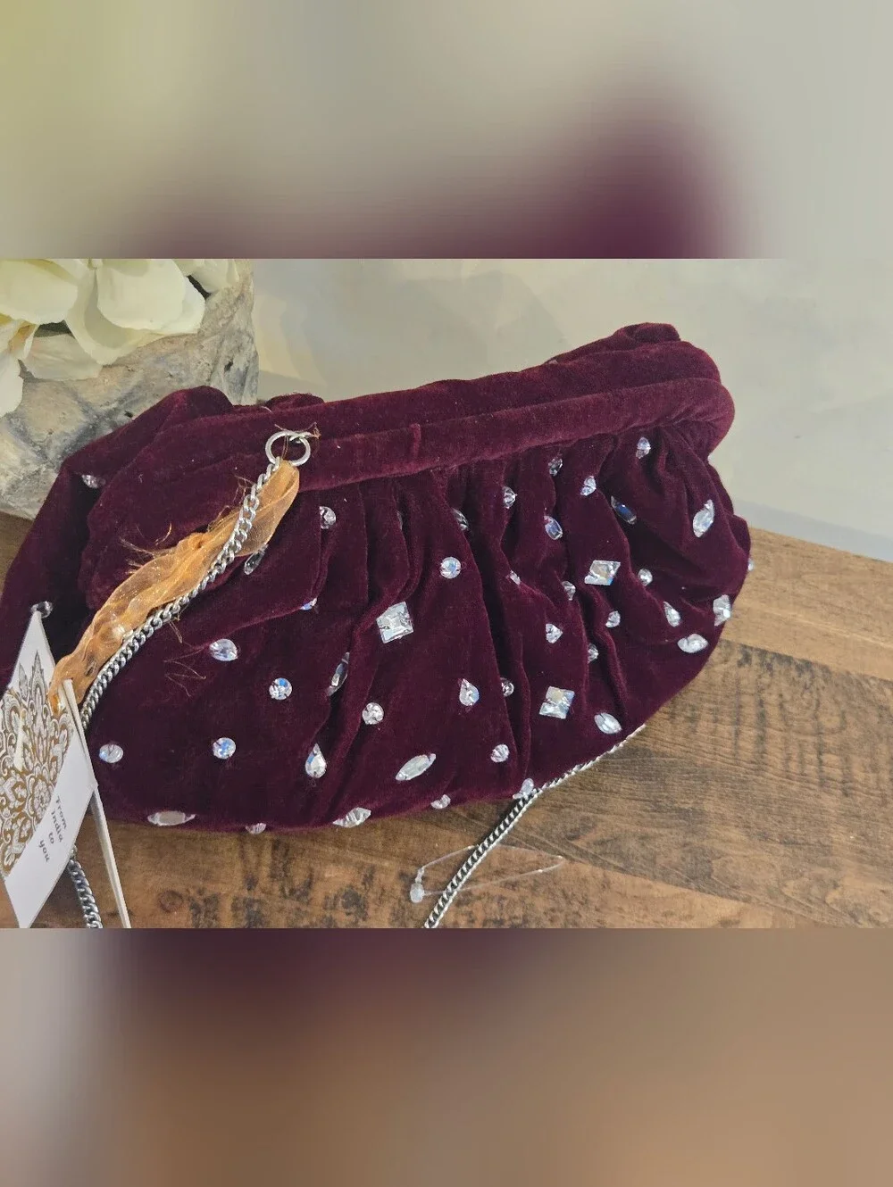 From India to You Viral Beaded Velvet Clutch Handbag w/ Crossbody Chain